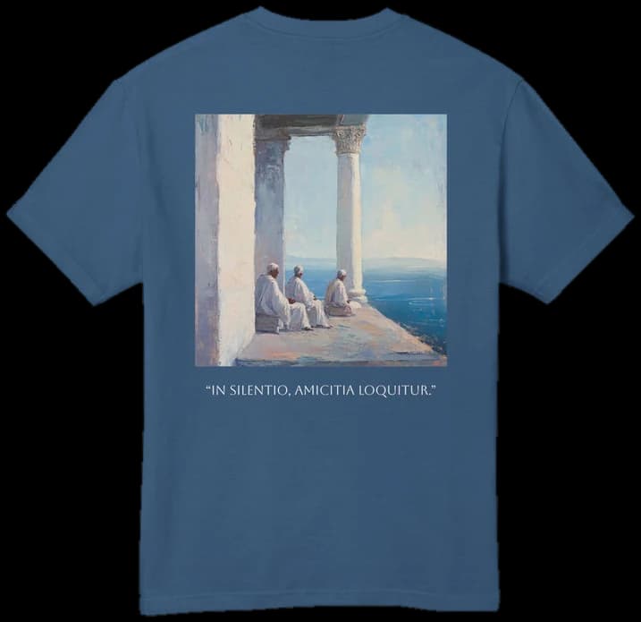 IN SILENTIO, AMICITIA LOQUITUR tee, back print, faded navy